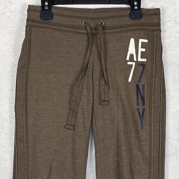 VTG Y2k American Eagle Logo Fleece Sweatpants Womens XS Brown Low Rise Preppy - Picture 1 of 9
